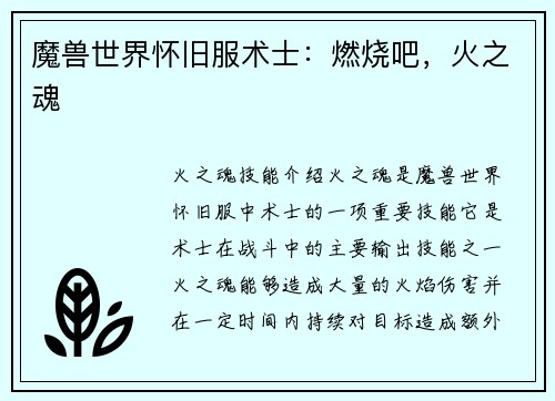 魔兽世界怀旧服术士：燃烧吧，火之魂