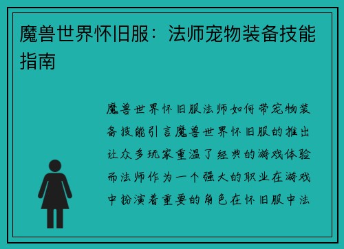 魔兽世界怀旧服：法师宠物装备技能指南
